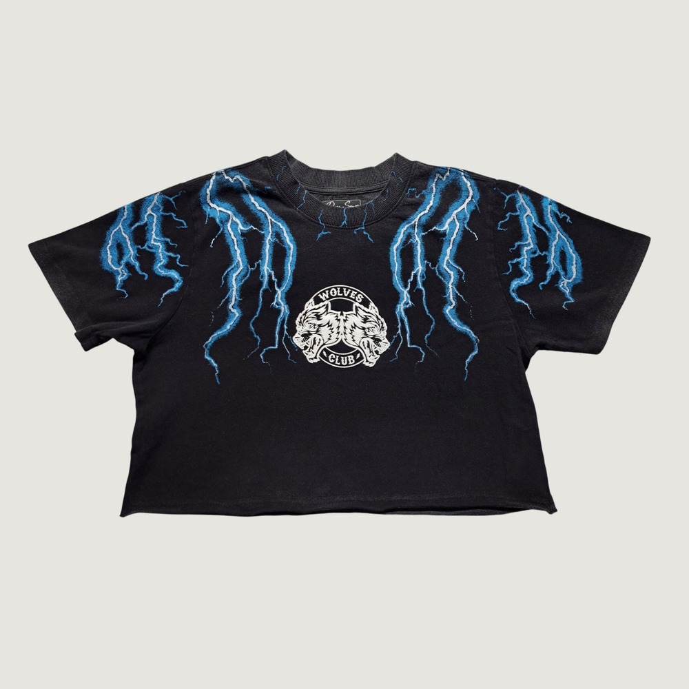 Darc Sport Wolves Club Crop Top Small Black Blue Lightning Excellent Raw Hem
